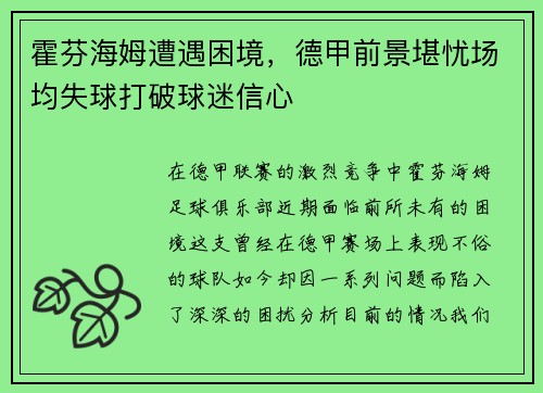 霍芬海姆遭遇困境，德甲前景堪忧场均失球打破球迷信心